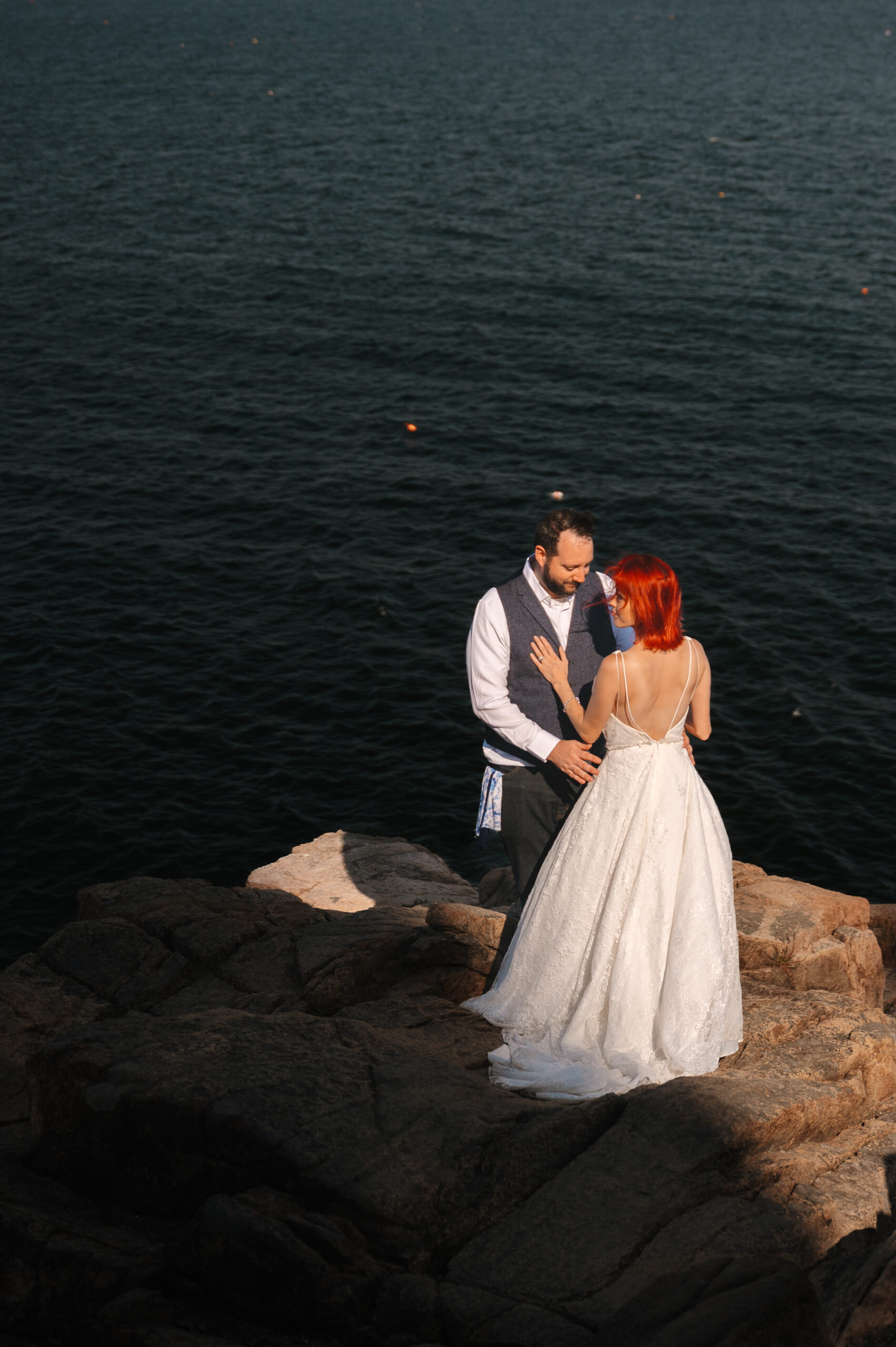 Couple exploring Park Loop Road after Acadia wedding